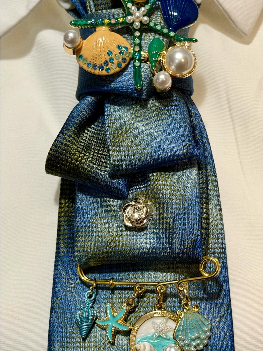 Nautical Charm Brooch Tie Necklace Pin with Blue-Green Silk Bow